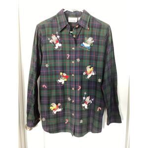 Casey &‎ Max Women Plaid Flannel Holiday Button Front embroidered Top Blue Small